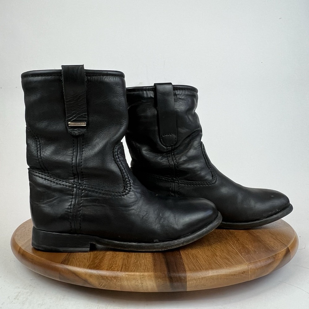 Womens Burberry Brit Worcester Flat Black Leather Biker Moto Boots Size EU 37.5